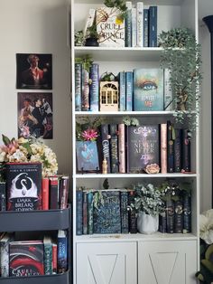 a bookshelf filled with lots of books next to a plant and pictures on the wall