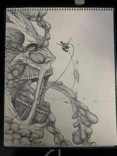 a pencil drawing of a human face and skull with a spider crawling on it's head