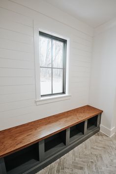 bench seat, custom built-ins, mudroom, shoe bins, herringbone brick floor, black window, shiplap Built In Bench Open Underneath, Bench Under Window Entryway, Mud Room Bench Under Window, Mudroom Bench Under Window, Small Mudroom With Window