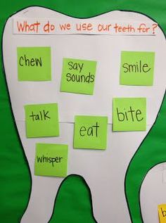 a bulletin board with post it notes attached to the front of a tooth and words that spell out, what do we use teeth for?