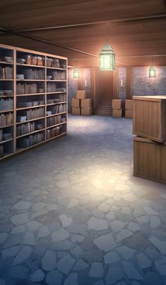 an empty library with bookshelves and lamps on the ceiling is shown in this digital painting