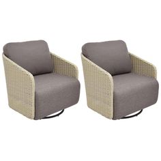 two chairs with grey cushions sitting next to each other