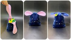 three pictures of stuffed animals with different patterns and colors, one in the shape of a bunny