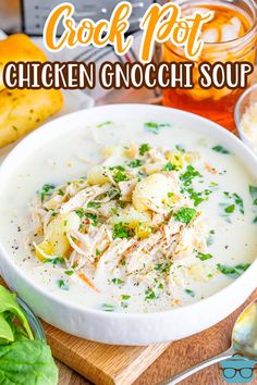 chicken gnocchi soup in a white bowl garnished with parsley