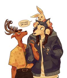 two people standing next to each other with deer heads on their shoulders and one person wearing an animal mask