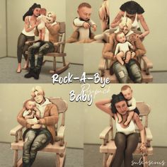 four different pictures of people sitting in rocking chairs with babys on their backs and holding each other