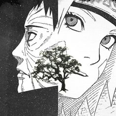 an image of two faces with trees in the middle and one is black and white