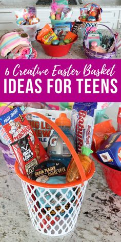 a basket filled with candy and candies on top of a counter next to other items