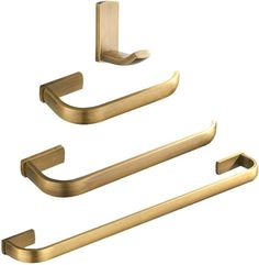 three brass bathroom accessories on a white background