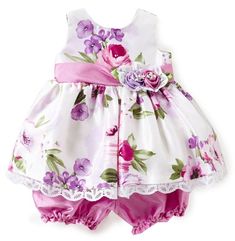 Jayne Copeland Baby Girl's Floral Print Fanciful Fit & Flare Dress Set-Size-24M-Orchid.  100% Polyester.  Gorgeous dress with pink and lavender flowers floating throughout set against a white backdrop.  Round neckline.  Zipper back closure.  Sleeveless.  Pink Shantung sash sits along the waistline with matching flowers accented with white lace on left side.  Sash ties at back of waistline to adjust fit.  Pleats off waistline cascading down into a flared float skirt.  Scalloped white lace drapes Purple Ruffled Sets For Spring, Spring Purple Ruffled Sets, Summer Purple Dress For Baptism, Purple Summer Baptism Dress, Summer Baptism Purple Dress, Pink Dress-up Sets For Spring, Babies Stuff