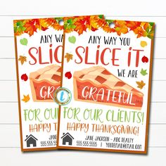 two flyers for a thanksgiving party with pies and leaves on the side, one has an orange background