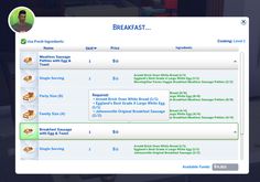 a computer screen showing the breakfast menu