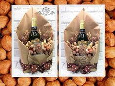 two pictures of almonds and a bottle of wine in a paper bag with ribbon