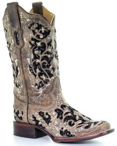 Corral Women's Black Sequin Inlay Western Boots - Square Toe, Brown Cowboy Prayer, Corral Boots Womens, Cowboys Boots, Country Clothes, Square Toe Western Boots, Womens Cowgirl Boots, Bota Country, Corral Boots, Glitter Boots