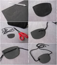 four pictures showing how to make a felt eyeglass case