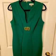 Calvin Klein Kelly Green Dress With Gold Broach Embellishment. Size 8. New Without Tags. Kelly Green Dress, Kelly Green Dresses, Green Sleeveless Dress, Gold Embellishment, Calvin Klein Dress, Calvin Klein Dresses, Size 8 Dress, Kelly Green, Womens Calvin Klein