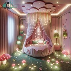 a bedroom decorated in pink and white with fairy lights on the ceiling, bedding and curtains