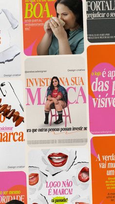 several different magazine covers with women's faces and words on them, all in various colors