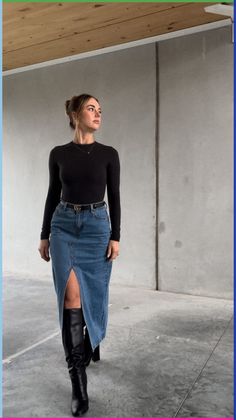 Church Outfit For Winter, Skirts And Dresses Outfits, Styling Boots With Dresses, Jean Dress Outfit Winter, Jean Skirt Outfits Long, Denim Skirt Boots Outfit, Skirt In Winter Outfit, Denim Skirt And Boots Outfit