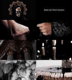 a collage of photos with candles and skulls on them that say make me your villain