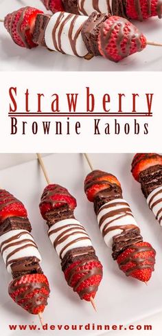 strawberry brownie kabobs with chocolate drizzled on them