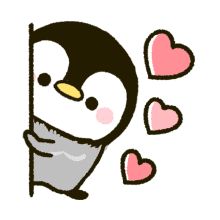 an image of a penguin holding on to a pole with hearts in the air behind it