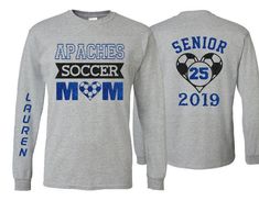 Glitter Soccer Senior Mom Shirt | Soccer Long Sleeve Shirt | Customize your team & colors PLEASE READ BEFORE ORDERING WE CANNOT RUSH ORDERS OR CREATE NEW DESIGNS DURING PEAK SEASON AUG - MAY. IF YOU NEED TO CANCEL PLEASE DO SO WITHIN 24HRS Please read full description before ordering we cannot be responsible for mistakes made by not reading the full description. ORDERING INSTRUCTIONS: 1. Select your Garment Size/Color Each size must be selected separately. Please do NOT leave a list of sizes Senior Mom Shirt, Soccer Dad Shirt, Band Mom Shirts, Soccer Hoodies, Hoodie Customize, Baseball Tee Shirts, Number Design, Band Shirts, Running Tops