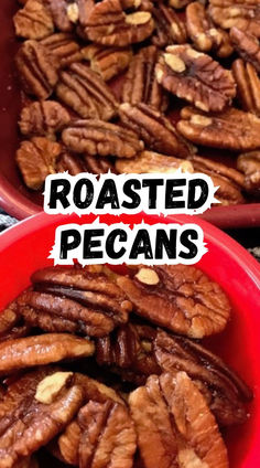 two red bowls filled with pecans sitting on top of a table next to each other