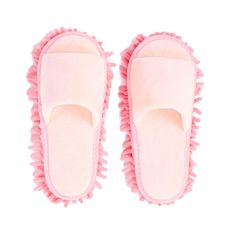 the slippers are pink and white with fringes on them, one pair is open