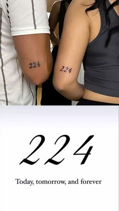 two people standing next to each other with tattoos on their arms and the number twenty four