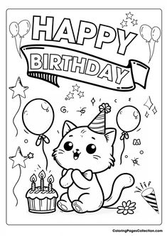 a happy birthday card with a cat holding a cupcake and balloons in the background