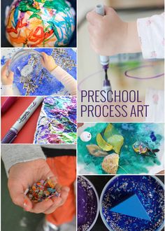 a collage of photos with the words preschool process art