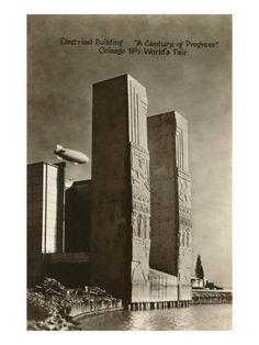 an old black and white photo of two tall buildings in front of the chicago world's fair