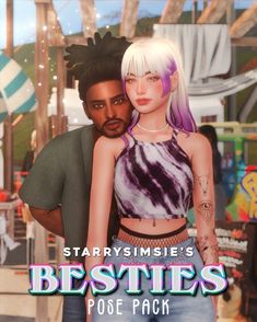 a man and woman standing next to each other in front of a building with the caption besties pose pack