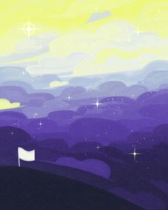 a purple and yellow sky with stars in the clouds above it, as well as a white flag on top of a hill