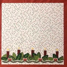 a christmas card with candles and holly leaves on white paper, surrounded by polka dots