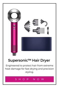 a pink hair dryer sitting next to a blue and white box with the words, supersonic'm hair dryer