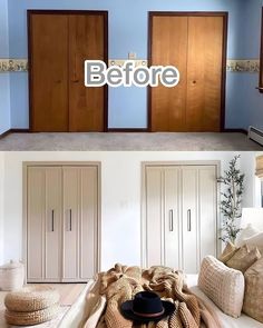 before and after photos of a bedroom with white walls, carpeted flooring and wooden closets