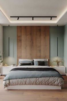 a large bed sitting in the middle of a bedroom next to a tall wooden wall