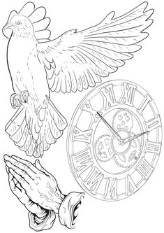 a bird flying over a clock with its wings spread