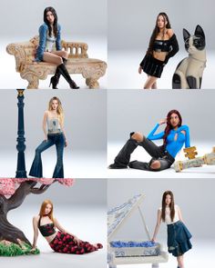 six different photos of women sitting and standing in front of a bench, one with her legs crossed