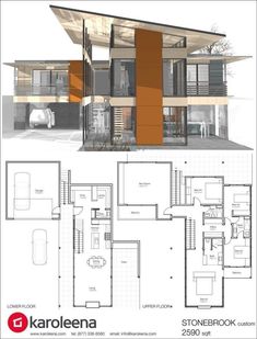 the floor plan for a modern house with two levels and an open living room, dining area