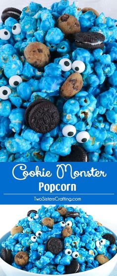 cookie monster popcorn with oreo eyes and cookies in the middle