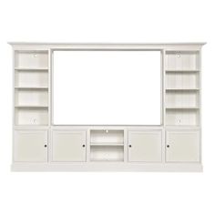 a white entertainment center with shelves and drawers on the front, against a white background