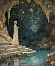 a painting of a woman standing at the entrance to a cave with stars in the sky