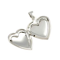 two silver heart shaped lockes on a white background