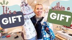 a woman is holding up her clothes in front of the camera and it says, it's a gift