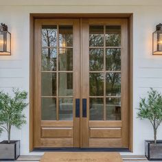 the front door is flanked by two planters with potted trees on either side