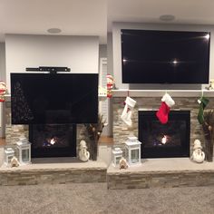 two fireplaces decorated with stockings and stockings on the mantel, one is holding a christmas stocking