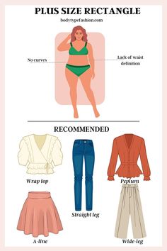 How to dress plus size rectangle shape Plus Size Classy Outfits, Plus Size Body Shapes, Triangle Body Shape Outfits, Inverted Triangle Outfits, Body Code